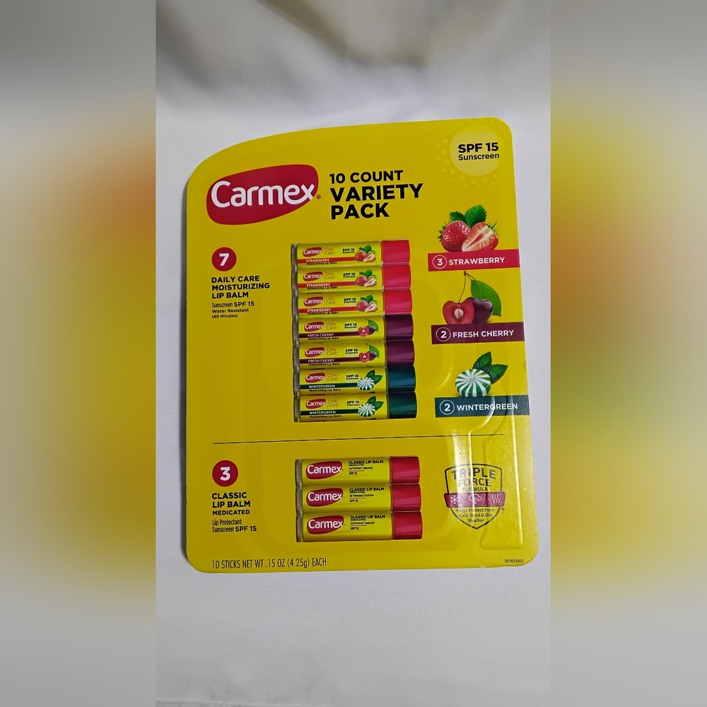 Carmex 10 Count Variety Pack Lip Balm SPF 15 Strawberry Cherry Wintergreen